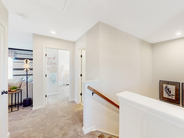 186 Millbrook Dr, Spring Hill, TN 37174 - hallway with an upstairs landing, light colored carpet, baseboards, and recessed lighting