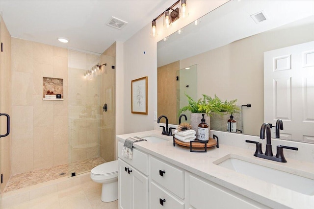 3670 Main St Unit 5, Jasper, TN 37347 - bathroom featuring a stall shower, double vanity, toilet, recessed lighting, and tile patterned flooring