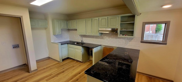 2000 Hickory Hill Ln, Hermitage, TN 37076 - kitchen featuring a sink, light wood-style flooring, under cabinet range hood, backsplash, and ornamental molding