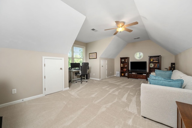 2220 Oakside Ct, Murfreesboro, TN 37128 - living area with a desk, light carpet, lofted ceiling, baseboards, and a ceiling fan