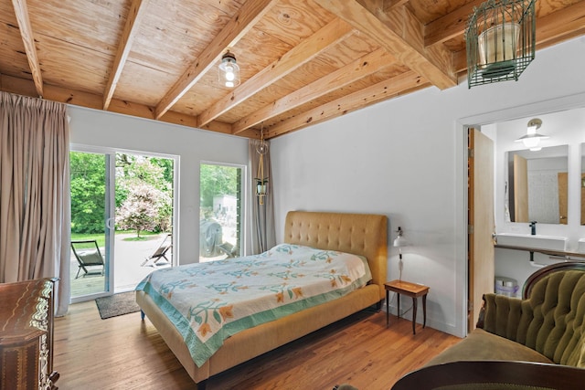 4303 Burrus St, Nashville, TN 37216 - bedroom with access to exterior, wood ceiling with exposed beams, wood finished floors, and baseboards