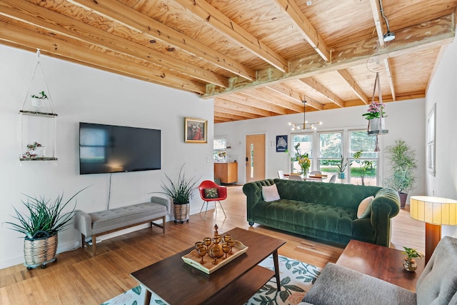 4303 Burrus St, Nashville, TN 37216 - living area with a chandelier, wood finished floors, and wood ceiling with exposed beams