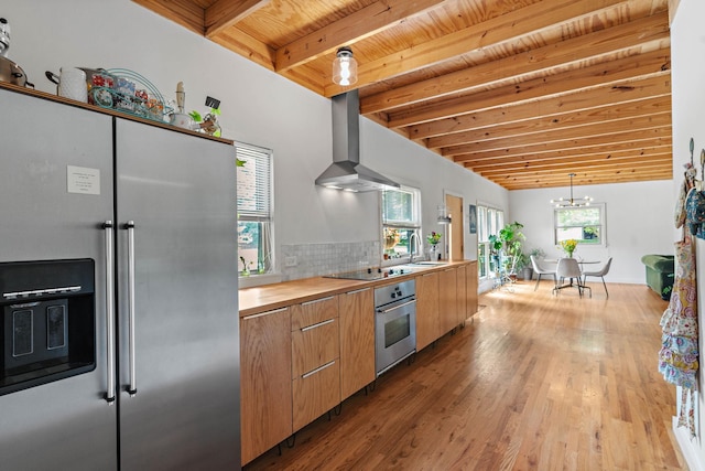 4303 Burrus St, Nashville, TN 37216 - kitchen with stainless steel appliances, wall chimney exhaust hood, wood ceiling with exposed beams, wood counters, and light wood-type flooring