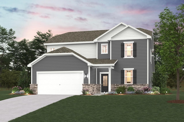 2506 Beverly Gail Rd, Pleasant View, TN 37146 - craftsman-style home featuring driveway, a front yard, roof with shingles, stone siding, and an attached garage