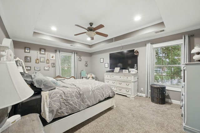 3198 Gray Hawk Ct, Clarksville, TN 37043 - bedroom featuring a tray ceiling, crown molding, carpet, ceiling fan, and recessed lighting