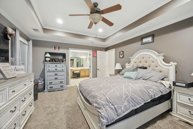 3198 Gray Hawk Ct, Clarksville, TN 37043 - bedroom with a raised ceiling, light colored carpet, ornamental molding, ensuite bathroom, and recessed lighting