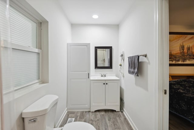 1602 Pleasant Grove Rd, Westmoreland, TN 37186 - bathroom featuring toilet, wood finished floors, vanity, baseboards, and recessed lighting