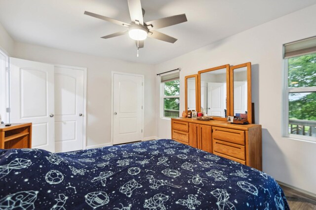 1602 Pleasant Grove Rd, Westmoreland, TN 37186 - bedroom with multiple windows, baseboards, wood finished floors, and ceiling fan