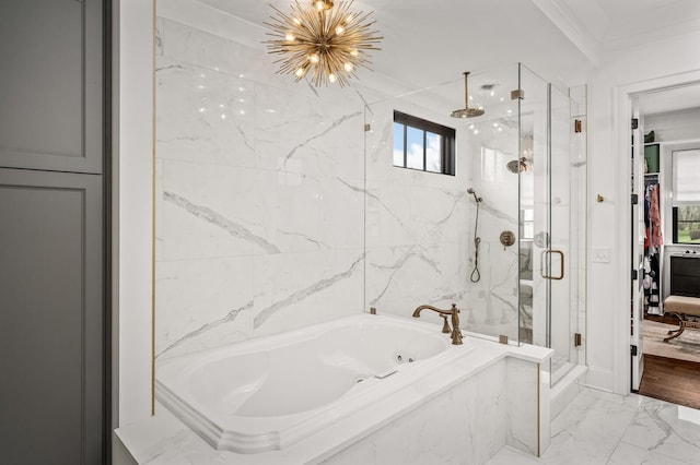 505 Green Apple Turn, Brentwood, TN 37027 - full bathroom with a marble finish shower, a garden tub, a chandelier, marble finish flooring, and crown molding