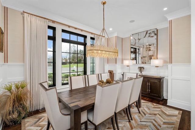 505 Green Apple Turn, Brentwood, TN 37027 - dining space with a decorative wall, a chandelier, crown molding, a wainscoted wall, and recessed lighting