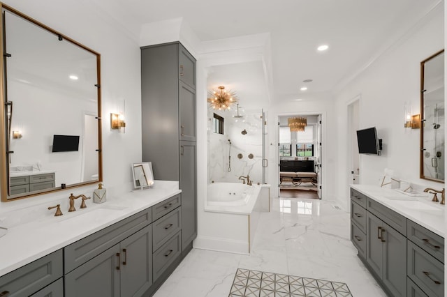 505 Green Apple Turn, Brentwood, TN 37027 - ensuite bathroom with a marble finish shower, marble tiled floors, two vanities, a garden tub, and ornamental molding