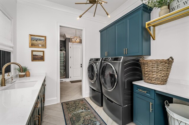 505 Green Apple Turn, Brentwood, TN 37027 - laundry room with cabinet space, a chandelier, washer and clothes dryer, crown molding, and baseboards