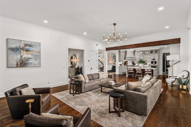 505 Green Apple Turn, Brentwood, TN 37027 - living area featuring a chandelier, crown molding, dark wood-type flooring, recessed lighting, and baseboards