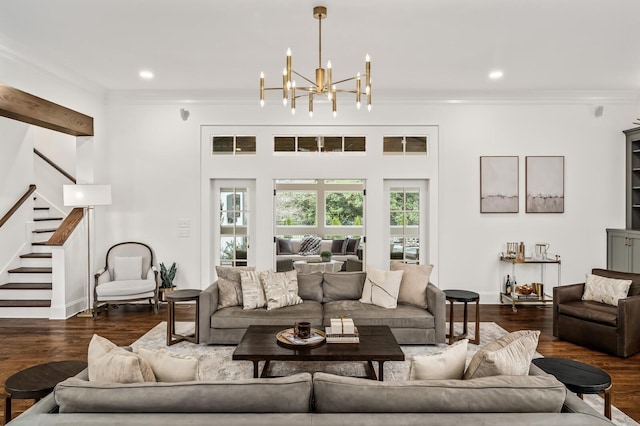 505 Green Apple Turn, Brentwood, TN 37027 - living room with stairway, a chandelier, crown molding, wood finished floors, and recessed lighting