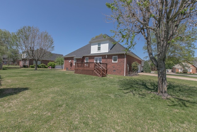 206 Sayre Ln, Murfreesboro, TN 37127 - rear view of property with brick siding, a wooden deck, stairway, a lawn, and concrete driveway