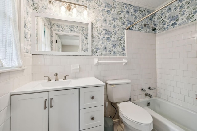 979 S Main St S, Eagleville, TN 37060 - bathroom featuring wallpapered walls, toilet, shower / washtub combination, vanity, and wainscoting