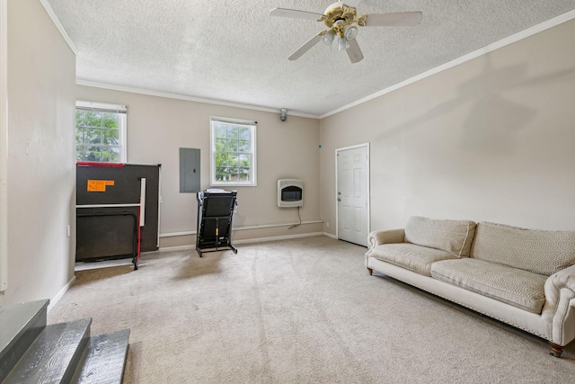 979 S Main St S, Eagleville, TN 37060 - living room with heating unit, electric panel, a textured ceiling, ornamental molding, and ceiling fan