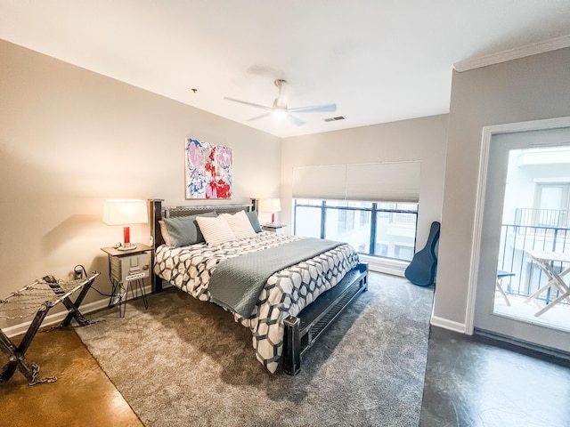 1803 Broadway Unit 509, Nashville, TN 37203 - bedroom featuring baseboards, a ceiling fan, crown molding, carpet flooring, and access to outside