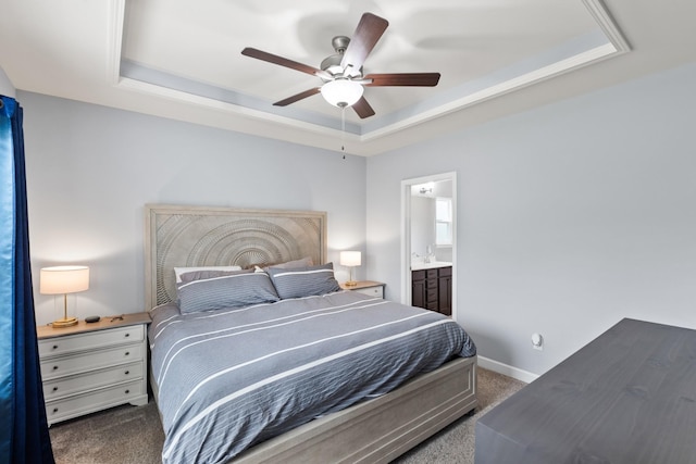 1339 Raden Dr, Lebanon, TN 37087 - bedroom featuring a raised ceiling, carpet floors, a ceiling fan, connected bathroom, and baseboards