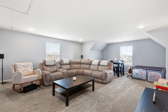 1339 Raden Dr, Lebanon, TN 37087 - living room featuring attic access, light carpet, and lofted ceiling