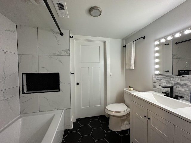 379 Thompson Ln, Tracy City, TN 37387 - full bathroom featuring vanity, toilet, shower / bath combination, decorative backsplash, and tile patterned flooring