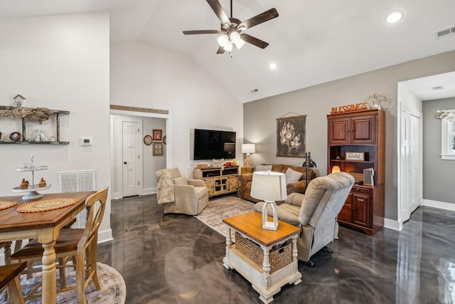 200 Nichols Dr, Woodbury, TN 37190 - living area with a ceiling fan, high vaulted ceiling, baseboards, and recessed lighting
