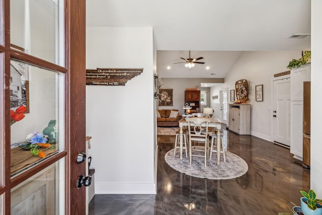 200 Nichols Dr, Woodbury, TN 37190 - foyer featuring a ceiling fan, baseboards, vaulted ceiling, and recessed lighting