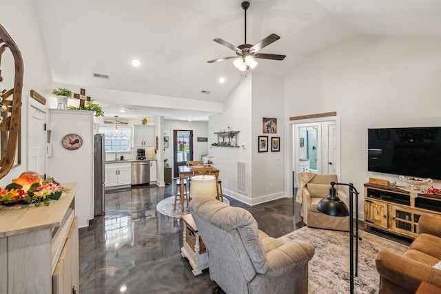 200 Nichols Dr, Woodbury, TN 37190 - living room with a ceiling fan, recessed lighting, and high vaulted ceiling