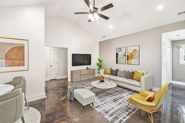 200 Nichols Dr, Woodbury, TN 37190 - living area with baseboards, a ceiling fan, recessed lighting, and high vaulted ceiling