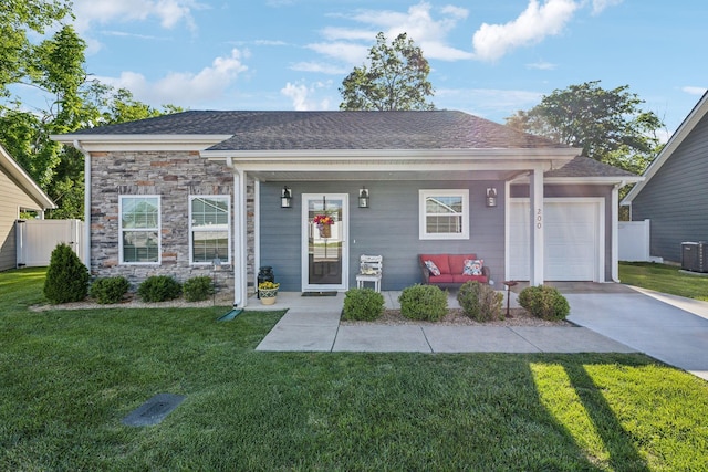 200 Nichols Dr, Woodbury, TN 37190 - ranch-style house featuring driveway, a garage, stone siding, roof with shingles, and central air condition unit