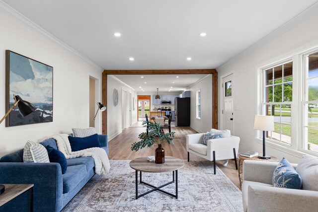 1371 Pomona Rd, Dickson, TN 37055 - living area with light wood-type flooring, ornamental molding, healthy amount of natural light, recessed lighting, and baseboards