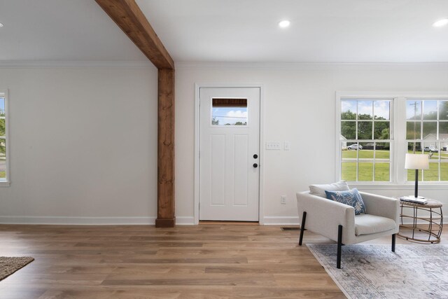 1371 Pomona Rd, Dickson, TN 37055 - entryway with crown molding, light wood finished floors, baseboards, recessed lighting, and beam ceiling