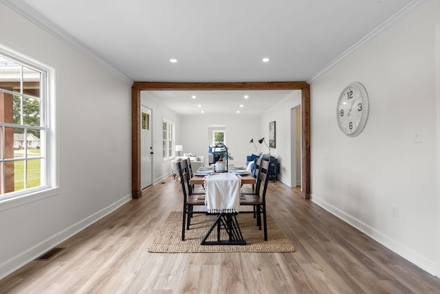 1371 Pomona Rd, Dickson, TN 37055 - dining space featuring baseboards, healthy amount of natural light, light wood-style floors, recessed lighting, and crown molding