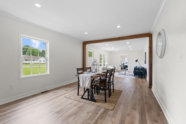 1371 Pomona Rd, Dickson, TN 37055 - dining area featuring wood finished floors, baseboards, ornamental molding, recessed lighting, and beamed ceiling