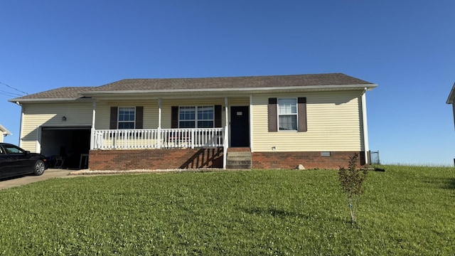 312 Pappy Dr, Oak Grove, KY 42262 - ranch-style home featuring a porch, a front yard, a garage, crawl space, and concrete driveway