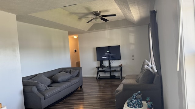 312 Pappy Dr, Oak Grove, KY 42262 - living area featuring a tray ceiling, a textured ceiling, dark wood finished floors, a ceiling fan, and baseboards