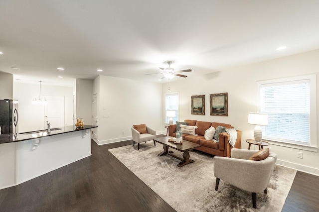 287 Cloverbrook Way, Gallatin, TN 37066 - living area with dark wood-type flooring, baseboards, a ceiling fan, and recessed lighting