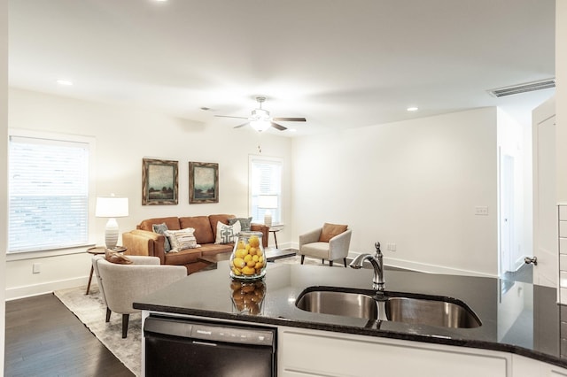 287 Cloverbrook Way, Gallatin, TN 37066 - kitchen with black dishwasher, a sink, ceiling fan, wood finished floors, and white cabinetry