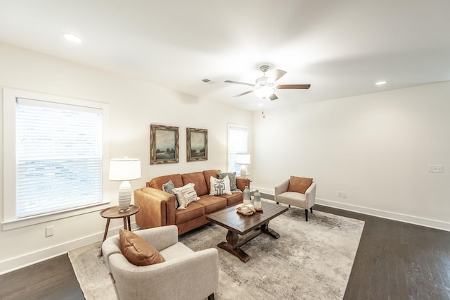 287 Cloverbrook Way, Gallatin, TN 37066 - living room featuring ceiling fan, dark wood-style floors, baseboards, and recessed lighting