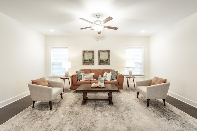 287 Cloverbrook Way, Gallatin, TN 37066 - living room featuring wood finished floors, baseboards, a ceiling fan, and recessed lighting