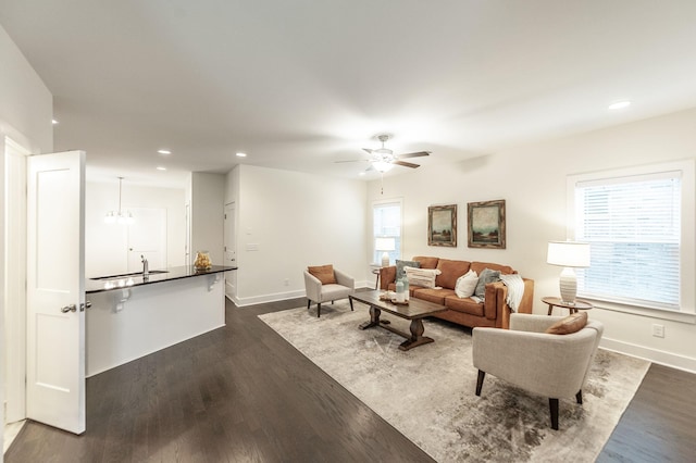 287 Cloverbrook Way, Gallatin, TN 37066 - living room with dark wood finished floors, baseboards, recessed lighting, and ceiling fan