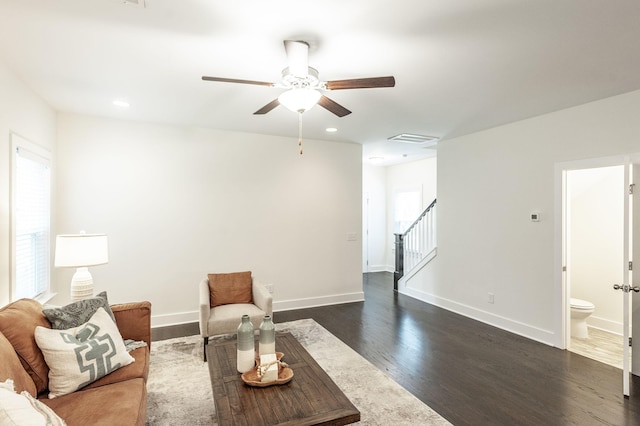 287 Cloverbrook Way, Gallatin, TN 37066 - living area with a ceiling fan, dark wood-type flooring, stairway, baseboards, and recessed lighting