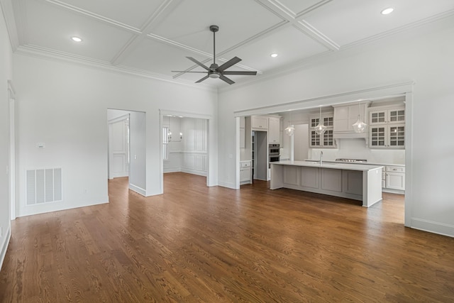 7100 Twelve Corners Rd, Lascassas, TN 37085 - unfurnished living room featuring coffered ceiling, ceiling fan, a sink, dark wood-type flooring, and baseboards