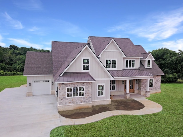 7100 Twelve Corners Rd, Lascassas, TN 37085 - modern farmhouse featuring a standing seam roof, driveway, a garage, a shingled roof, and a porch