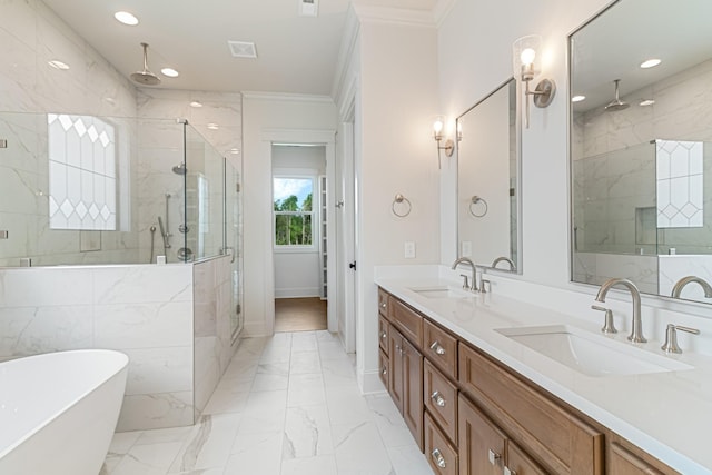7100 Twelve Corners Rd, Lascassas, TN 37085 - full bathroom with a marble finish shower, double vanity, a freestanding bath, ornamental molding, and marble finish flooring