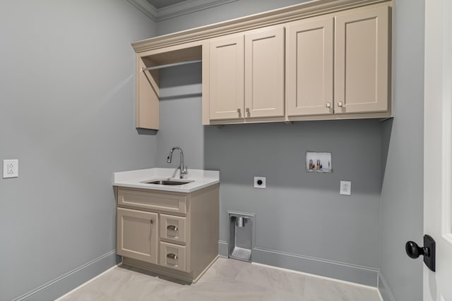 7100 Twelve Corners Rd, Lascassas, TN 37085 - laundry area with hookup for an electric dryer, hookup for a washing machine, baseboards, cabinet space, and ornamental molding
