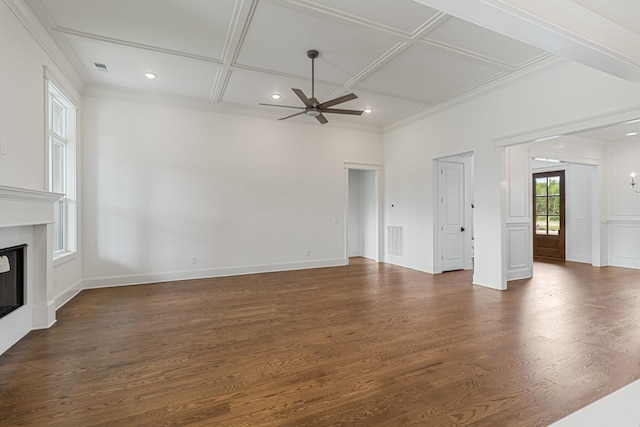 7100 Twelve Corners Rd, Lascassas, TN 37085 - unfurnished living room featuring a ceiling fan, dark wood-style floors, a glass covered fireplace, coffered ceiling, and recessed lighting