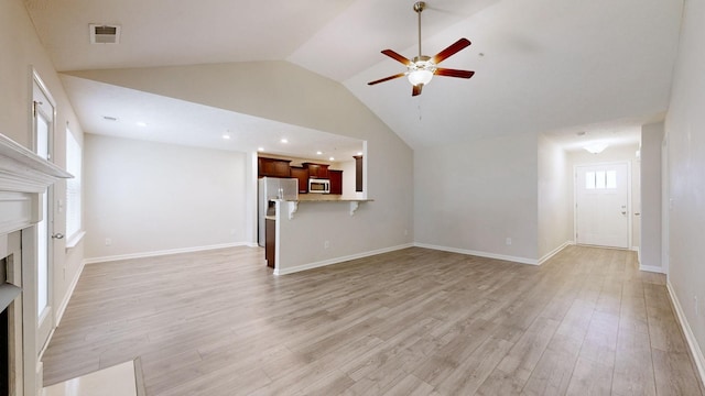249 Edgefield Ct, Pleasant View, TN 37146 - unfurnished living room featuring a fireplace, a ceiling fan, lofted ceiling, light wood finished floors, and recessed lighting