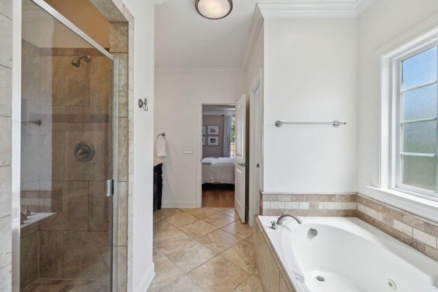 7579 Nightfall Cir, Ooltewah, TN 37363 - ensuite bathroom with a tub with jets, a shower stall, ornamental molding, and tile patterned flooring