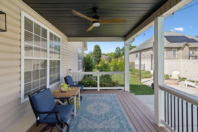 7579 Nightfall Cir, Ooltewah, TN 37363 - wooden deck featuring a fenced backyard, ceiling fan, and a residential view